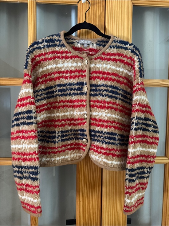 J. Crew Sweaters - J. Crew Striped Button-Front Cardigan in Red, Navy & Tan